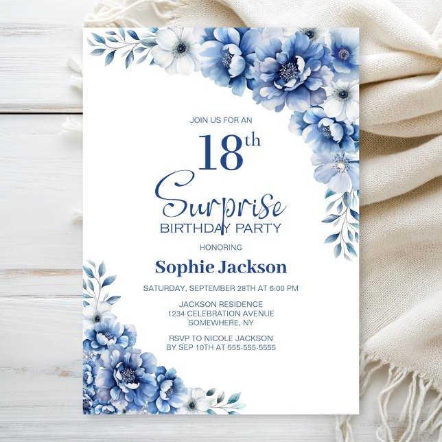 Invitation Blue Floral Surprise 18ème anniversaire (Créateur téléchargé)