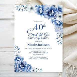 Invitation Blue Floral Surprise 40e anniversaire fête