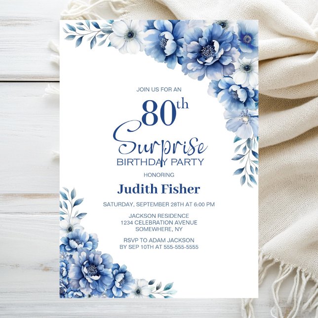 Invitation Blue Floral Surprise 80e anniversaire fête (Créateur téléchargé)