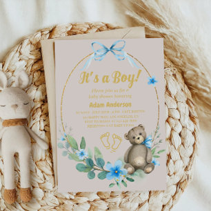 Invitation Blue Floral Teddy Bear C'est un Baby shower garçon