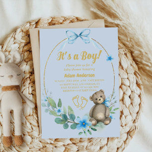 Invitation Blue Floral Teddy Bear C'est un Baby shower garçon