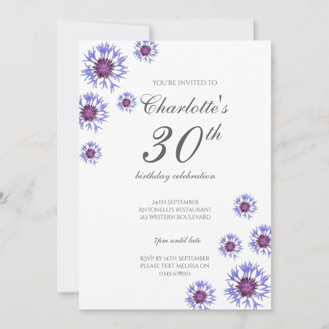 Invitation Blue Floral Wildlfower 30e fête d'anniversaire (Devant)