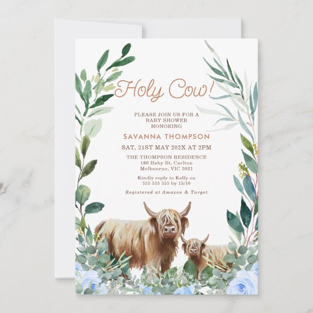 Invitation Blue Floral Wreath Highland Cow Baby shower (Devant)