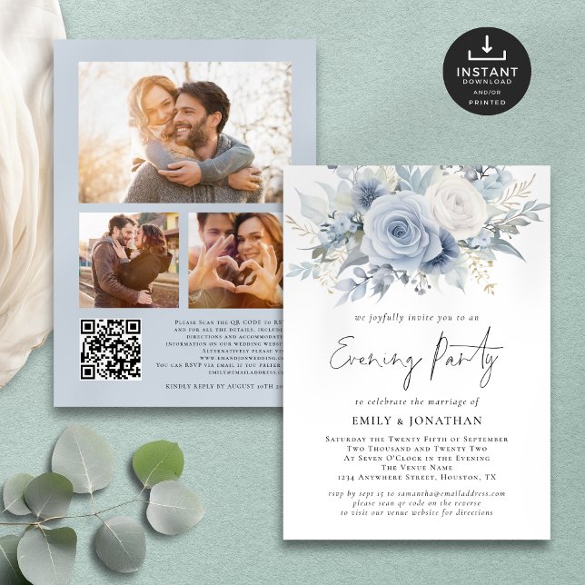 Invitation Blue Florals QR 3 Photos Mariage Soirée (Front and back view)
