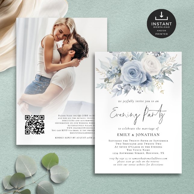Invitation Blue Florals QR Photo Mariage Soirée (Front and back view)