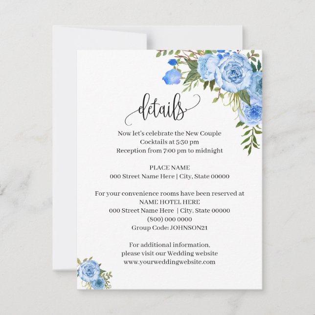 Invitation Blue Flowers Boho Chic Western Details insert card (Devant)