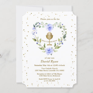 Invitation Blue Flowers Gold Chalice Boy First Holy Communion