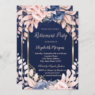 Invitation Blue Flowers Gold Frame Marine Blue Retraite