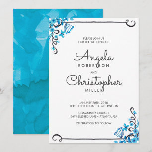 Invitation Blue Folk Art Floral Aquarelle Mariage