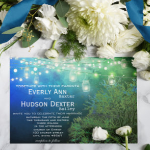 Invitation Blue Forest Mason Jar Fairy Lights Mariage