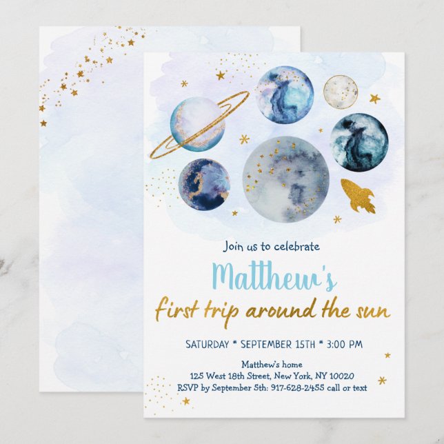 Invitation Blue Galaxy Premier Voyage Autour Du Soleil Annive (Devant / Derrière)