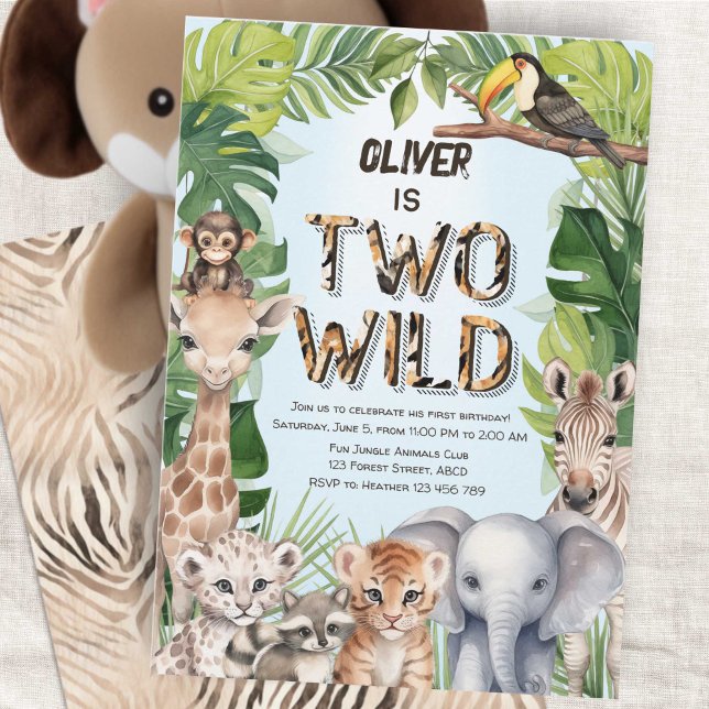 Invitation Blue garçon 2e anniversaire Deux Wild Safari Thème (Blue Two Wild Boy 2nd Birthday Invitation, Safari Themed Jungle animals birthday invite.)
