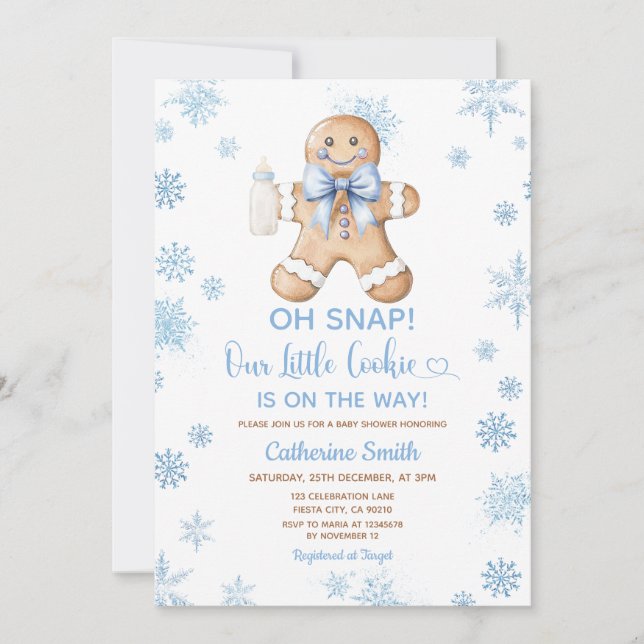 Invitation Blue Gingerbread Christmas Baby Shower Snowflakes (Devant)