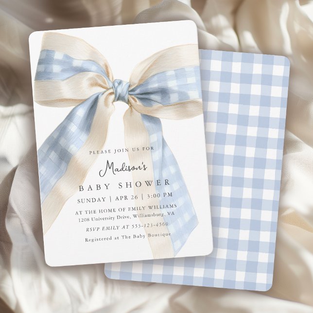 Invitation Blue Gingham Checks Bow Cute Baby Shower (Créateur téléchargé)