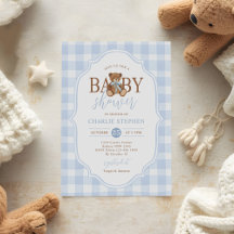 Blue Gingham Elegant Teddy Bear Baby Shower