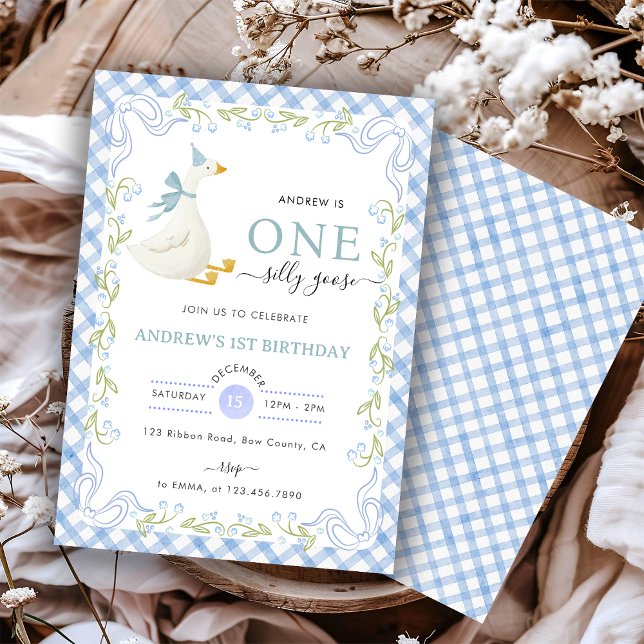 Invitation Blue Gingham Floral One Silly Goose 1st Birthday (Créateur téléchargé)