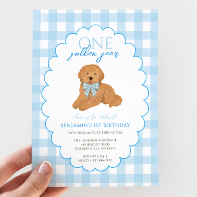 Invitation Blue Gingham One Golden Year 1st Birthday Puppy (Créateur téléchargé)