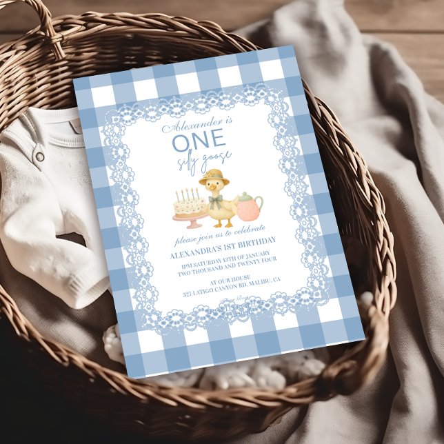 Invitation  Blue Gingham Silly Goose 1st Birthday (Créateur téléchargé)