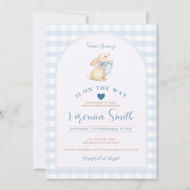 Invitation Blue Gingham Some Bunny Is On the Way Baby Shower (Devant)