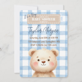 Invitation Blue Gingham Teddy Bear