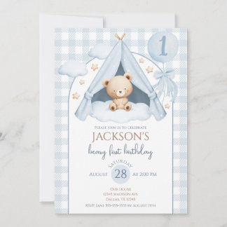 Invitation Blue Gingham Teddy Bear Balloon Boy 1st Birthday