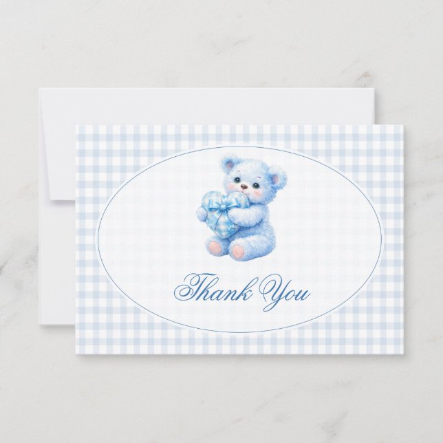 Invitation Blue Gingham Teddy Bear Neutral Baby Shower (Devant)