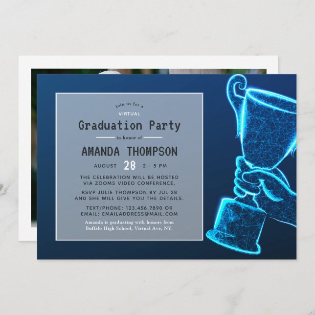 Invitation Blue Glow Futuristic Virtual Graduation Party (Devant / Derrière)