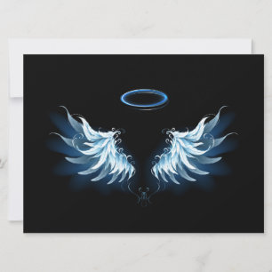Invitation Blue Glowing Angel Wings on black background