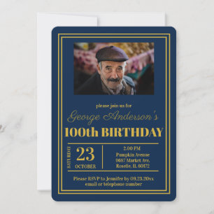 Invitation Blue Gold 100e fête d'anniversaire