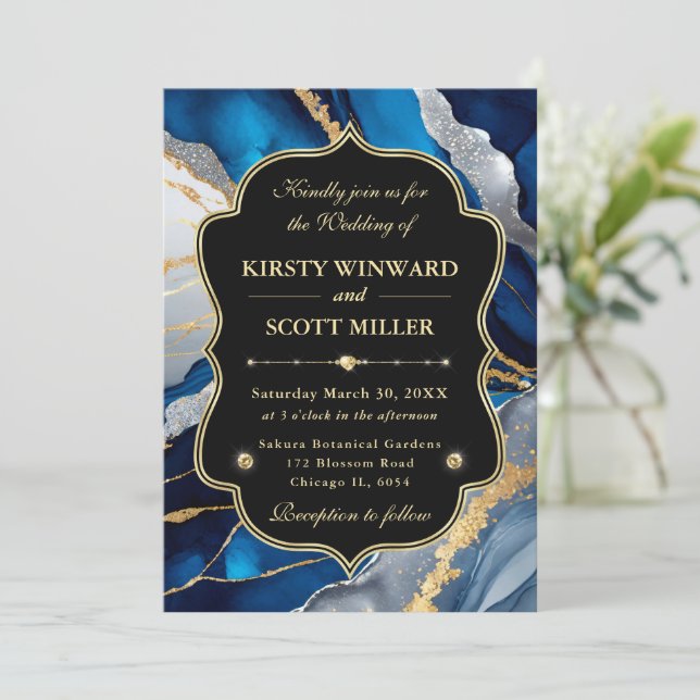 Invitation Blue Gold Agate Marble Glitter Wedding (Debout devant)