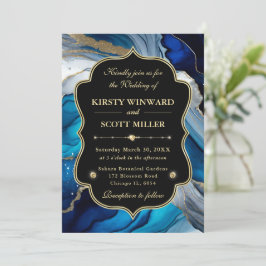 Invitation Blue Gold Agate Marble Glitter Wedding