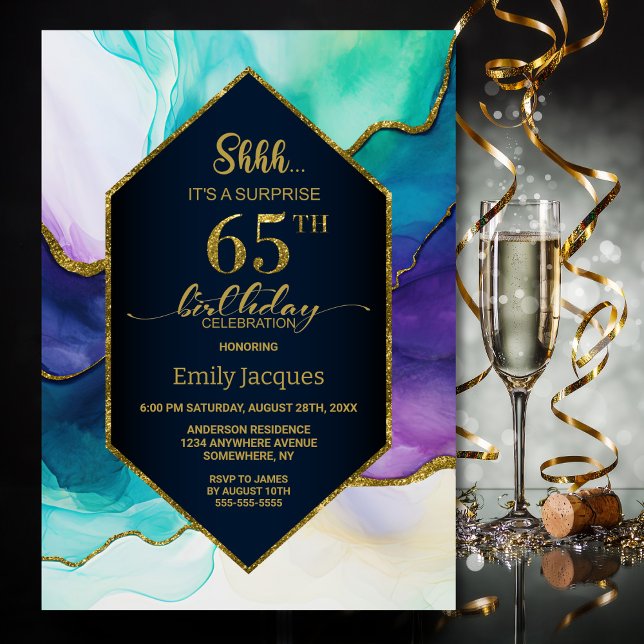 Invitation Blue Gold Agate Surprise 65e fête d'anniversaire (Créateur téléchargé)