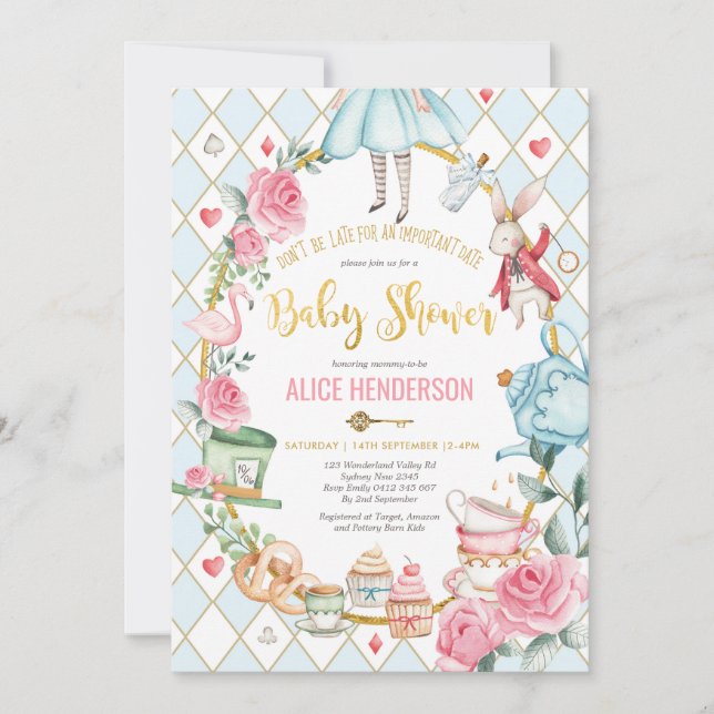 Invitation Blue Gold Alice dans Wonderland Baby shower Tea (Devant)