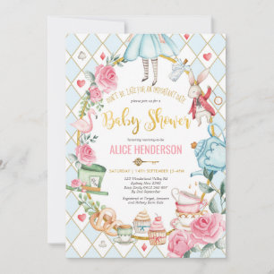 Invitation Blue Gold Alice dans Wonderland Baby shower Tea