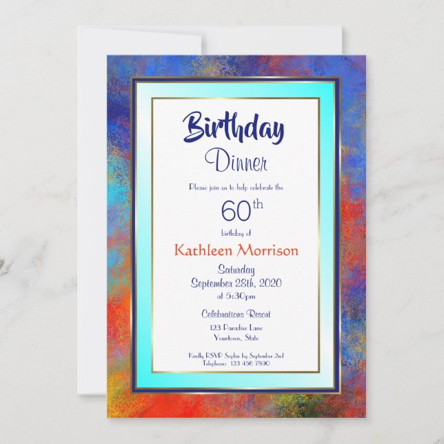 Invitation Blue Gold Aquarelle 60e Anniversaire Dîner Invitat (Devant)