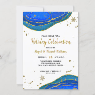 Invitation Blue Gold Aquarelle Géode Agate Hanoukka Holiday