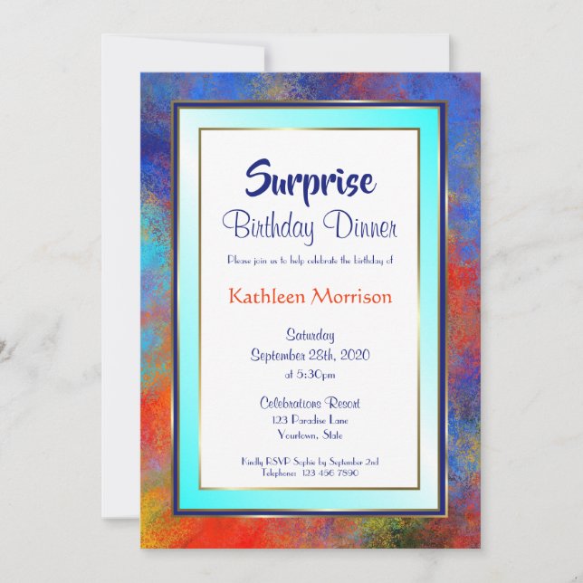 Invitation Blue Gold Aquarelle Surprise Anniversaire Dîner (Devant)