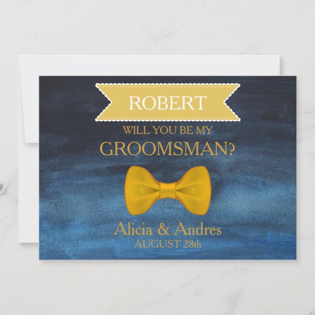 Invitation Blue & Gold Bow Serez-vous mon Groomsman? (Devant)