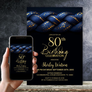 Invitation Blue Gold Braid 80e fête d'anniversaire