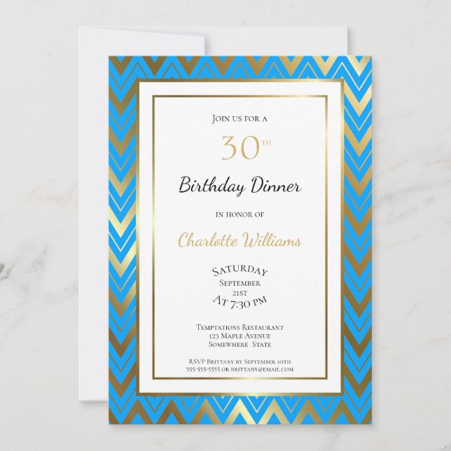Invitation Blue Gold Chevron 30e anniversaire Diner Party (Devant)