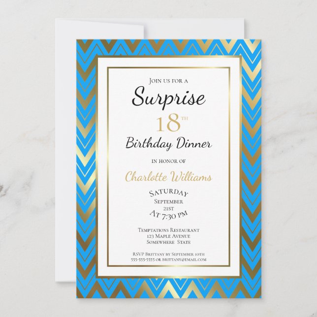 Invitation Blue Gold Chevron Surprise 18e anniversaire Dîner (Devant)