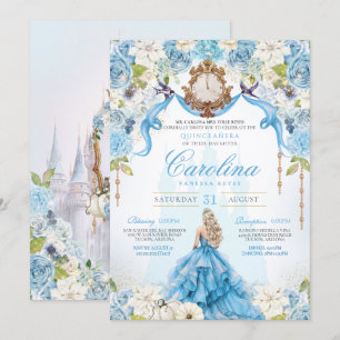 Invitation Blue Gold Cinderella Quinceanera Luxe Anniversaire
