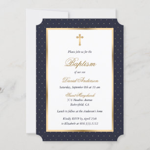 Invitation Blue Gold Cross Pois Élégant Script Baptême