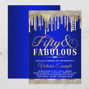 Invitation Blue Gold Diamond Drip Fabulous 50 Anniversaire Pa