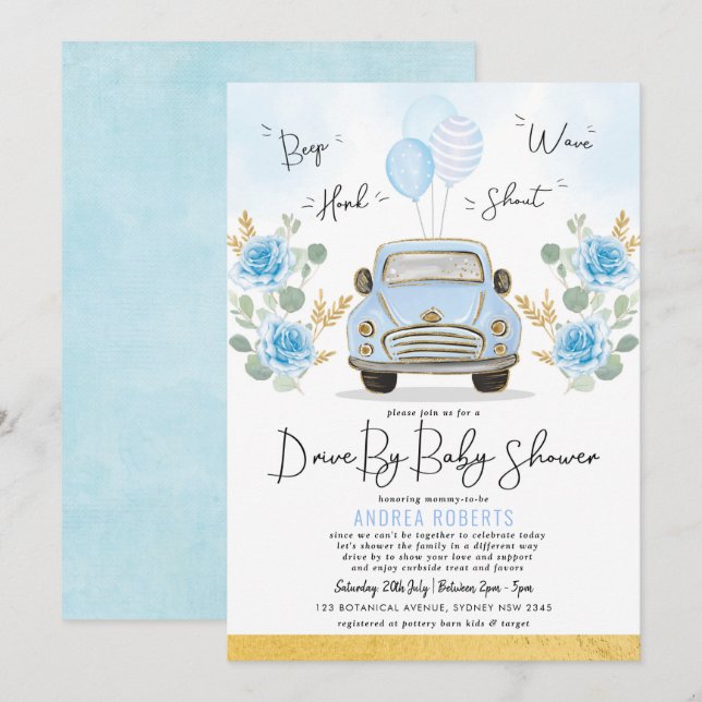 Invitation Blue Gold Drive By Baby shower Green Retro Car (Devant / Derrière)