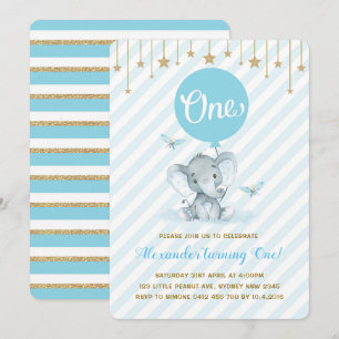 Invitation Blue Gold Elephant 1er premier anniversaire Twinkl