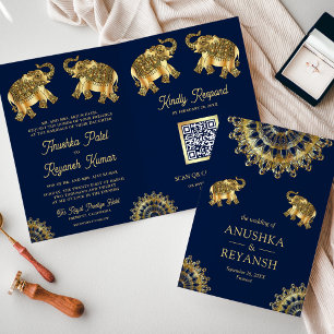 Invitation Blue Gold Ethnic Elephants Indian QR Code Mariage
