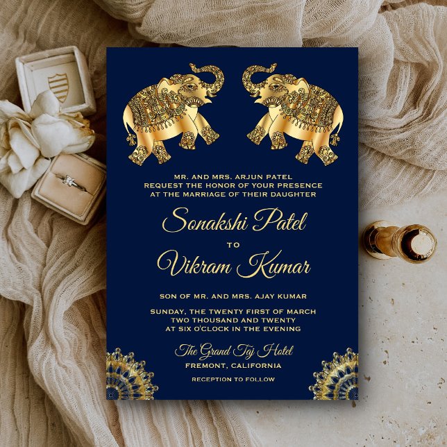 Invitation Blue Gold Ethnic Elephants Indian Wedding Invitati (Créateur téléchargé)