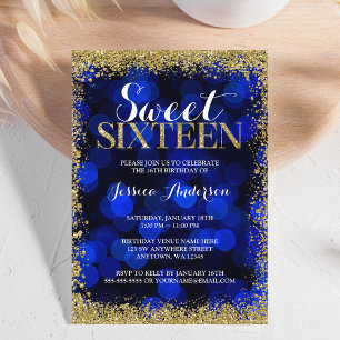 Invitation Blue Gold Faux Parties scintillant Lumières Sweet 