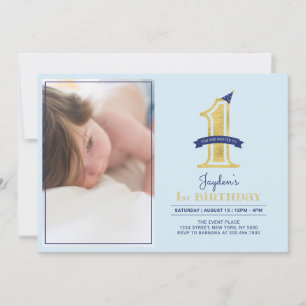 Invitation Blue & Gold   Fête de 1er anniversaire d'un joli g